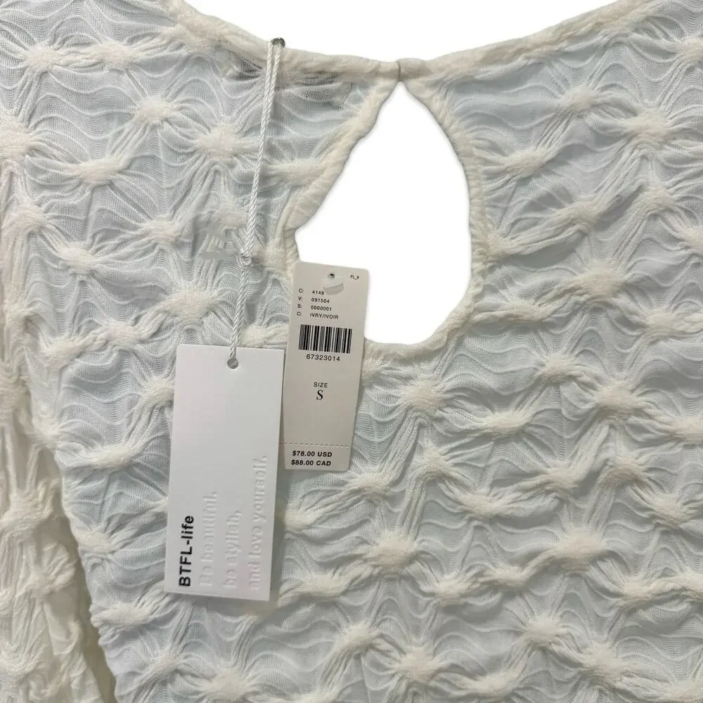 Anthropologie BTFL Life Ivory Textured Popcorn Bishop Sleeve Blouse Sz S NEW Tag